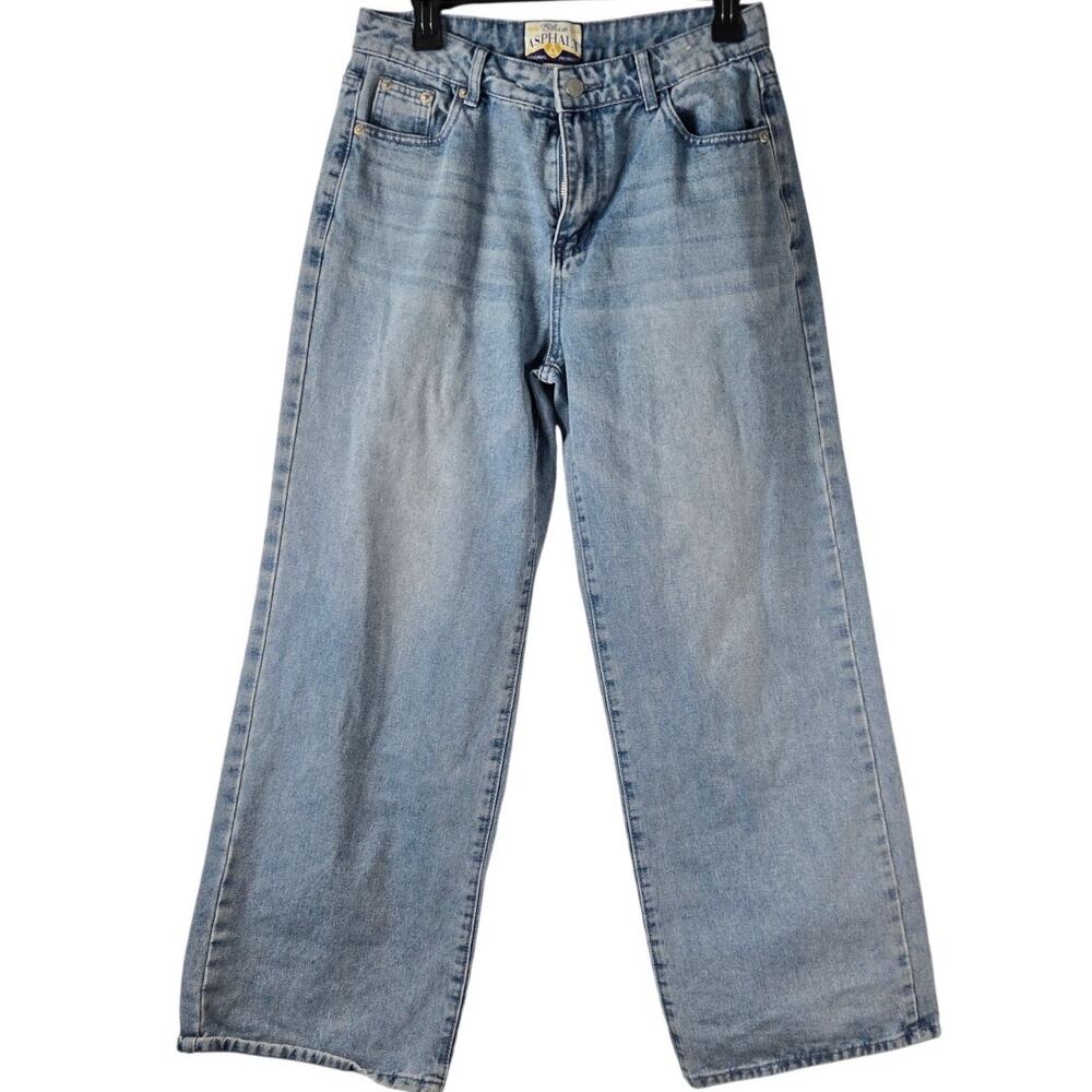 Y2K Mallcore Wide Leg Denim Vintage Blue Asphalt NY Embroidered Back Pocket Jean